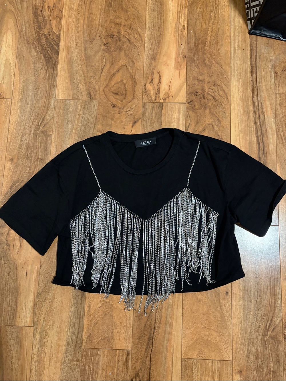 AKIRA Black Crop Top with Silver Rhinestone Fringe